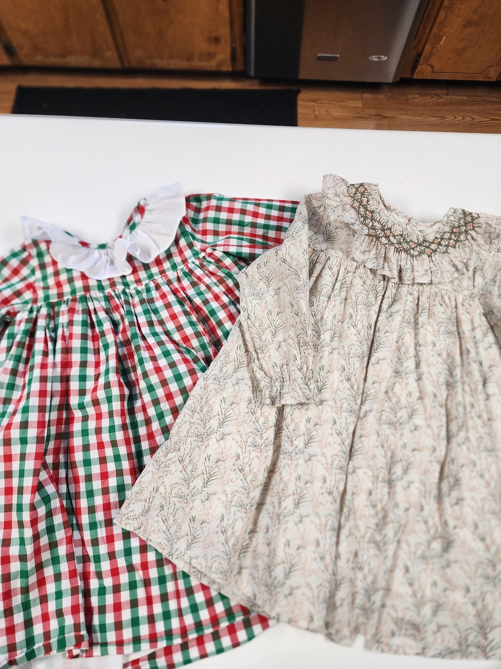 4T Fall Dresses, Red & Green Gingham Ruffle Collar Floral Print